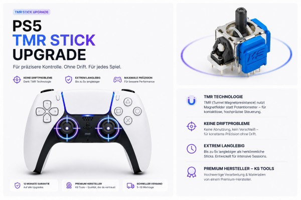 PS5 TMR Stick Upgrade Banner: weisser DualSense Controller mit blau-violett leuchtenden Zielkreisen auf den Analogsticks, daneben ein TMR-Stick-Bauteil von KS Tools, mit Angaben zu Garantie, Herstellerqualitaet und 5-10 Werktagen Versandzeit