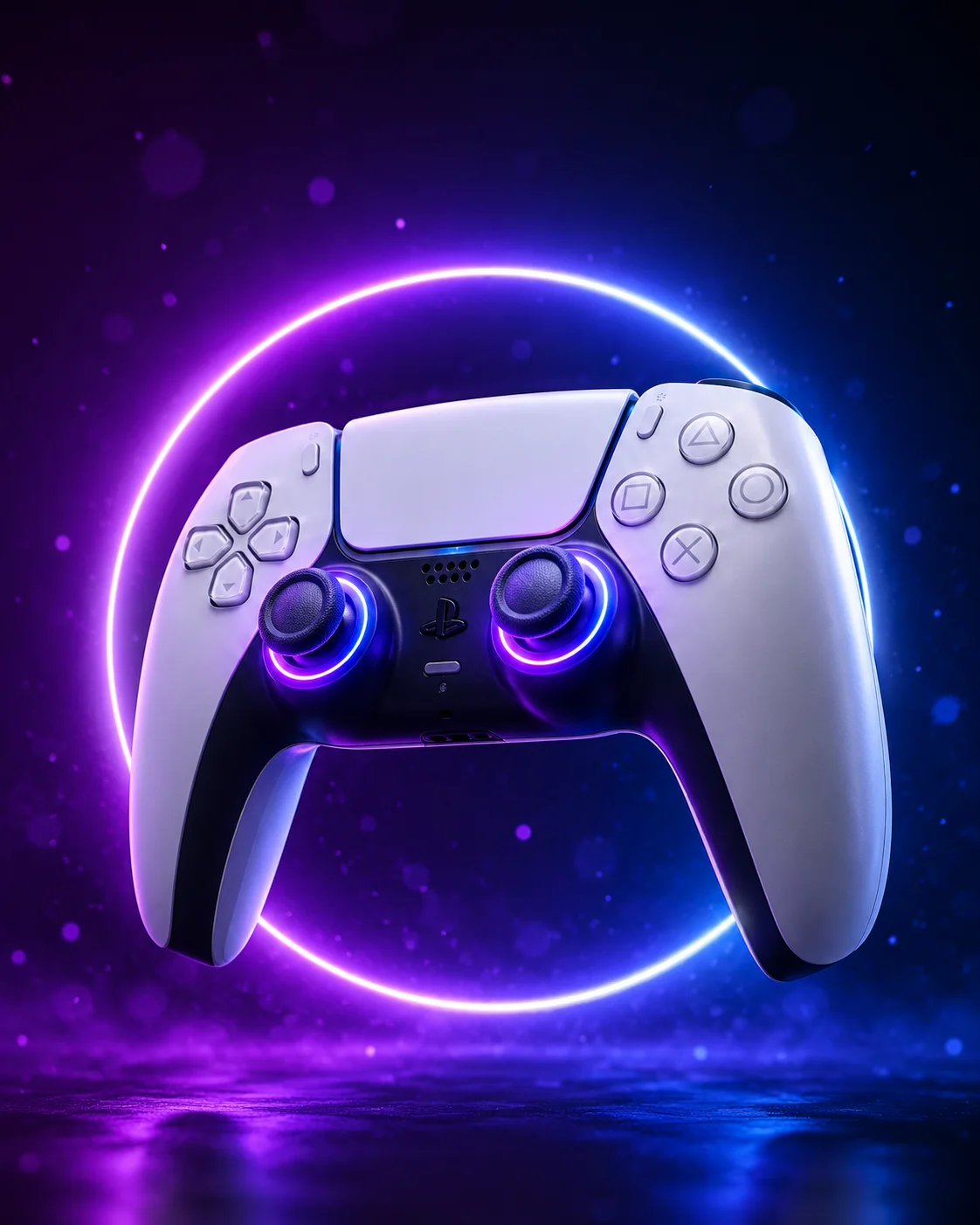 PS5 DualSense Controller im violett-blauen Neonring, TMR-Stick Upgrade bei Fixecke