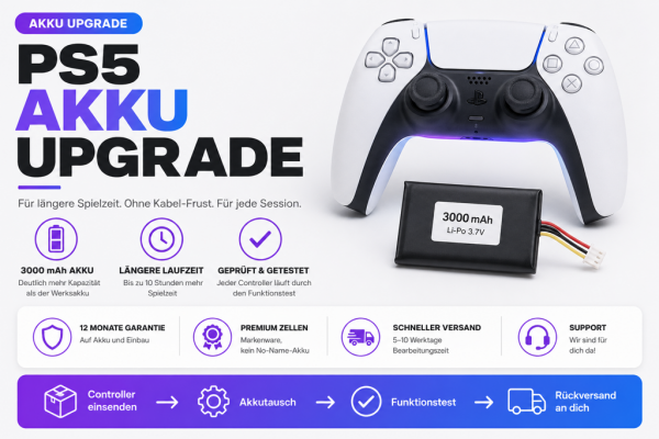 PS5 DualSense Akku Upgrade: neuer 3000 mAh Akku, Controller mit violett-blauem Neon-Akzent, Akkupack freigestellt